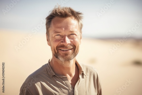 Lifestyle portrait photography of a grinning man in his 40s wearing a sporty polo shirt against a sand dune background. Generative AI