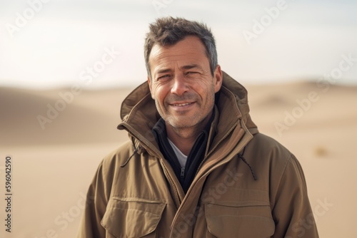 Portrait of smiling middle aged man standing in desert and looking at camera