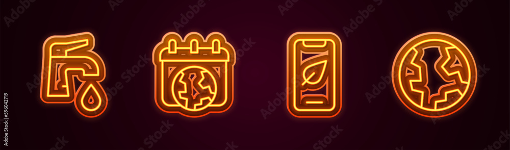 Set line Water tap, World Earth day, Mobile phone with leaf and globe. Glowing neon icon. Vector Set line Water tap, World Earth day, Mobile phone with leaf and globe. Glowing neon icon. Vector