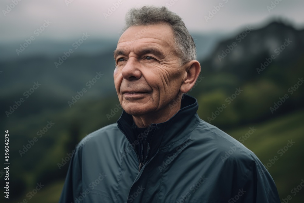 Portrait of a senior man standing in the mountains looking at the camera