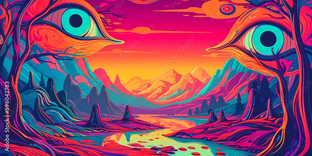 psychedelic paradise landscape wallpaper with mountains and river, created woth generative ai