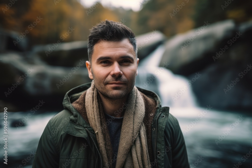 Handsome man standing in front of a waterfall in autumn forest Handsome man standing in front of a waterfall in autumn forest