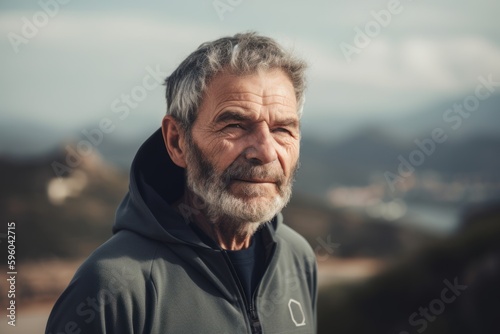 Portrait of a senior man with gray hair and beard in the mountains
