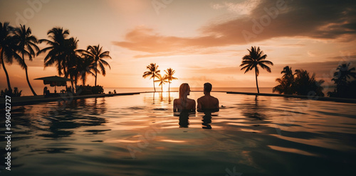 Couple enjoying beach vacation holidays at tropical resort with swimming pool and coconut palm trees near the coast with beautiful landscape at sunset, honeymoon destination © StockSavant