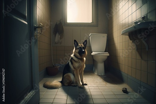 A dog next to a toilet. Generative AI