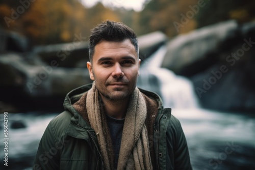 Handsome man standing in front of a waterfall in autumn forest © Robert MEYNER