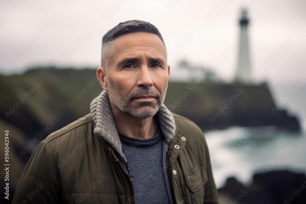 Handsome middle aged man standing in front of a lighthouse on a rainy day Handsome middle aged man standing in front of a lighthouse on a rainy day