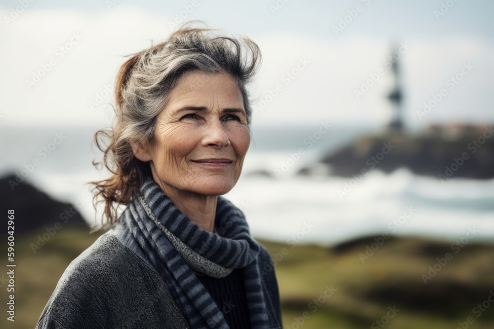Portrait of a happy senior woman standing in front of the lighthouse on the coast Portrait of a happy senior woman standing in front of the lighthouse on the coast