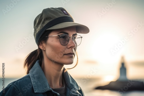 Portrait of a young woman in a cap and sunglasses on the background of a lighthouse. © Robert MEYNER