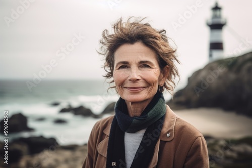 Portrait of smiling senior woman standing in front of lighthouse on the beach © Robert MEYNER