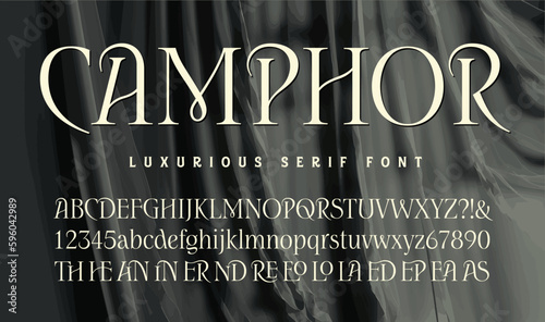 Camphor is a posh and elegant serif alphabet that includes multiple ligature character glyphs