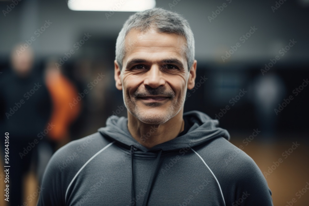Portrait of a smiling middle-aged man in sportswear at the gym