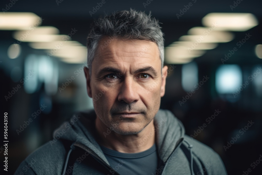Portrait of a middle-aged man with gray hair in the gym. Portrait of a middle-aged man with gray hair in the gym.