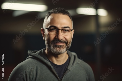 Portrait of a handsome man with beard and glasses looking at camera