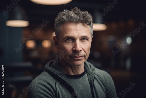 Portrait of mature man with grey hair looking at camera in cafe