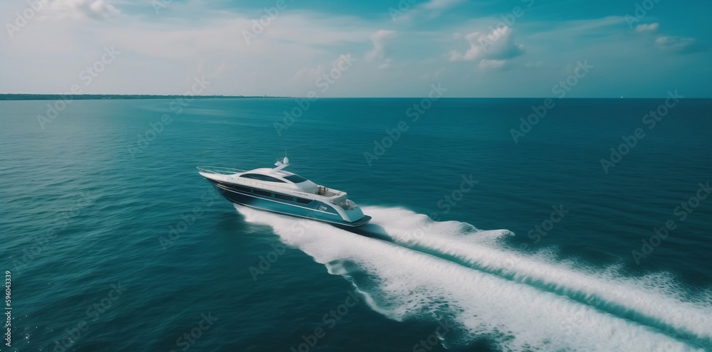 Fototapeta premium Drone aerial footage of luxury yacht cruising at high speed in tropical blue sea water, speedboat 