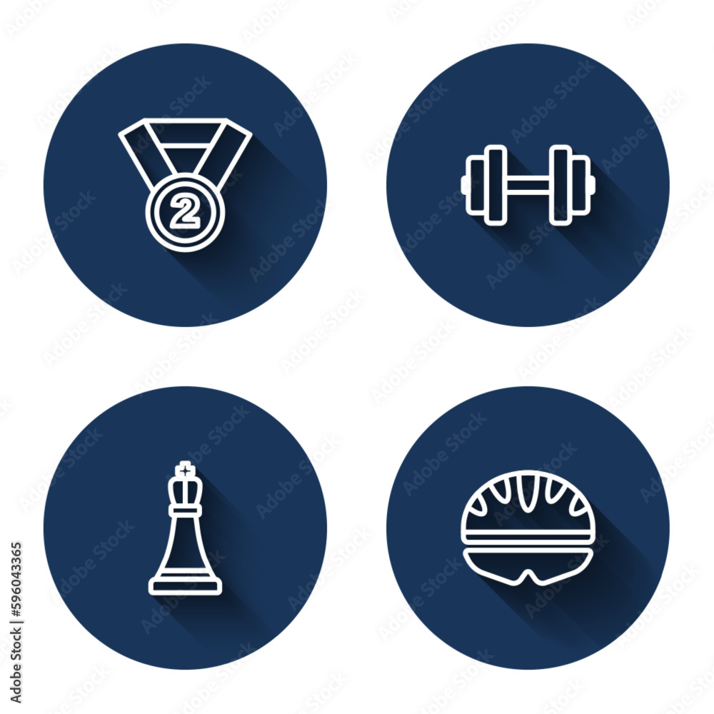 Set line Medal, Dumbbell, Chess and Bicycle helmet with long shadow. Blue circle button. Vector Set line Medal, Dumbbell, Chess and Bicycle helmet with long shadow. Blue circle button. Vector