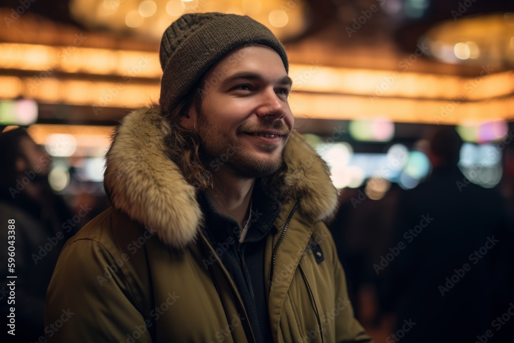 Handsome young man in winter coat and hat smiling and looking away while standing in the street at night