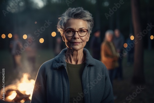 Portrait of an elderly woman on the background of a bonfire.