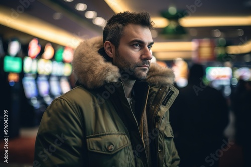 Portrait of a handsome young man in winter jacket at the casino