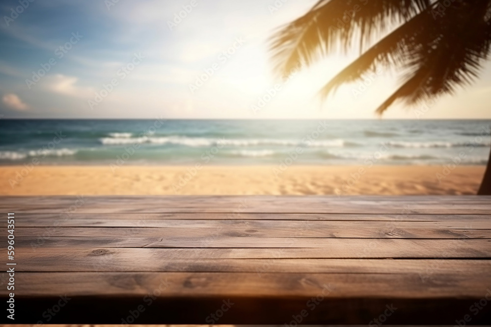 Empty wooden table on a beautiful blured tropical beach background. Summer holiday background for product display Empty wooden table on a beautiful blured tropical beach background. Summer holiday background for product display