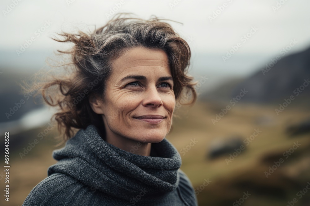 Portrait of a smiling middle-aged woman on a mountain top Portrait of a smiling middle-aged woman on a mountain top