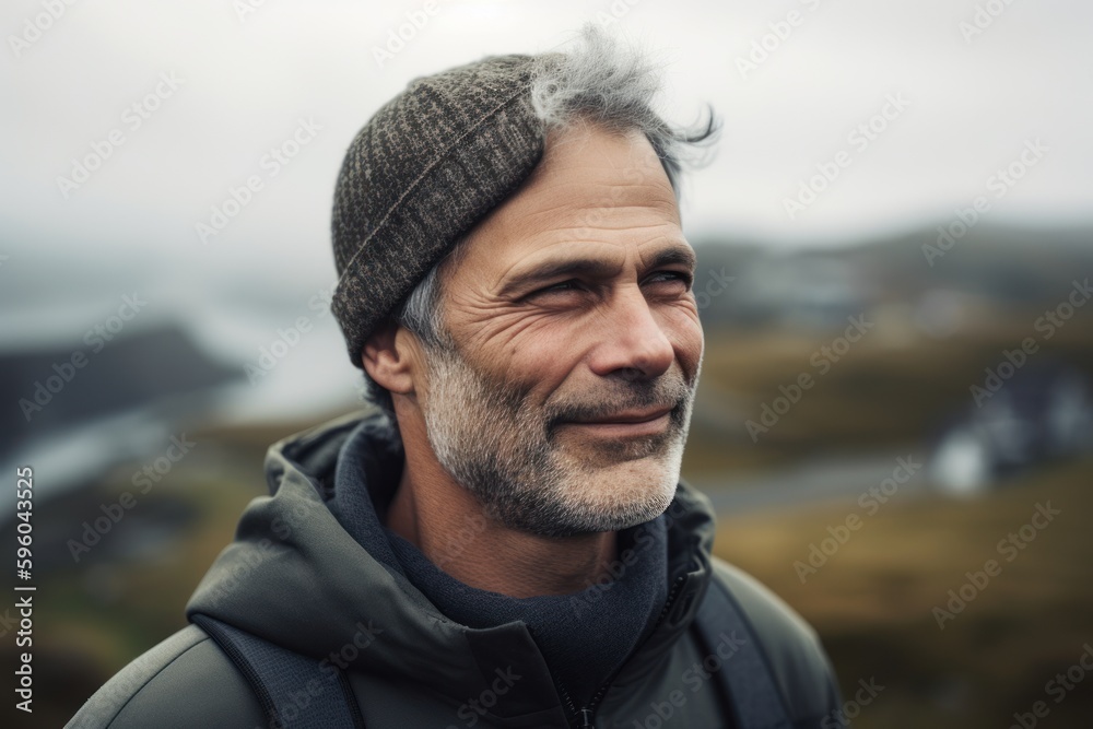 Medium shot portrait photography of a pleased man in his 50s wearing a cozy sweater against a bird's-eye view or aerial landscape background. Generative AI Medium shot portrait photography of a pleased man in his 50s wearing a cozy sweater against a bird's-eye view or aerial landscape background. Generative AI