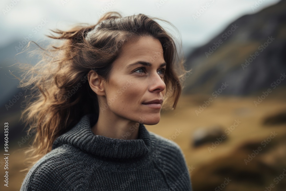 Portrait of a young woman with windy hair in the mountains