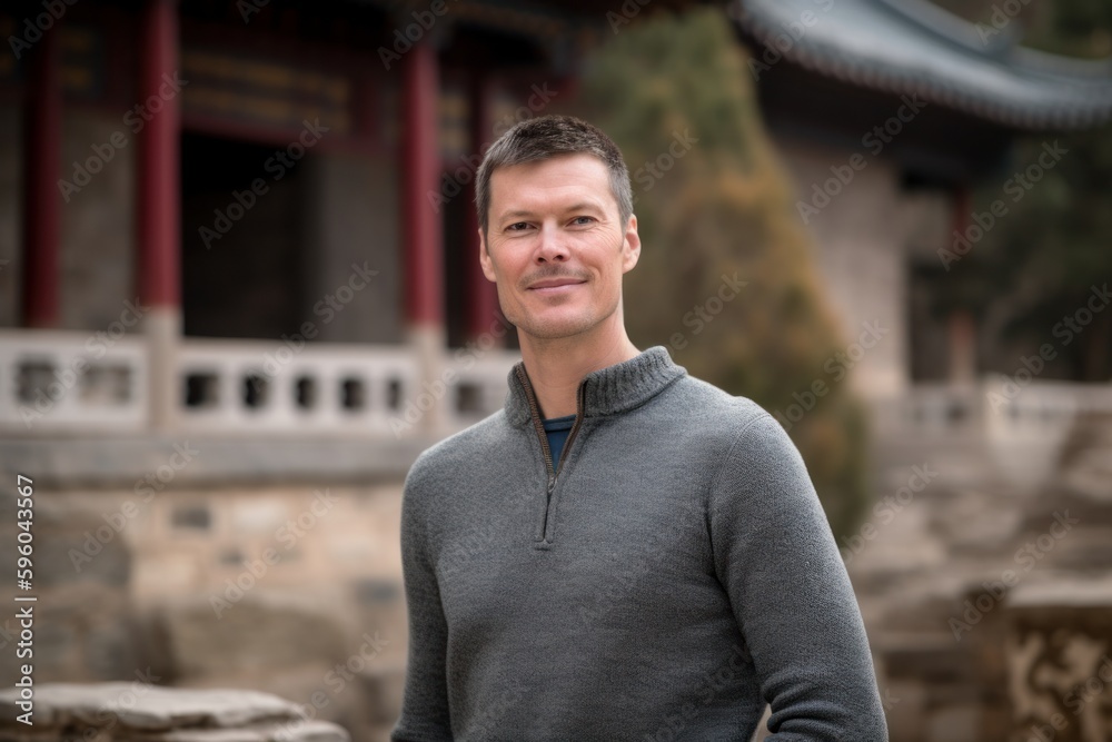 Obraz premium Portrait of a handsome man smiling at the camera in a temple