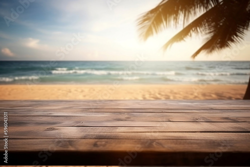 Empty wooden table on a beautiful blured tropical beach background. Summer holiday background for product display