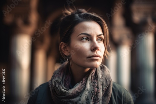 Portrait of a beautiful young woman with scarf in the city.