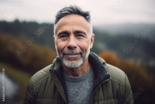 Portrait of a handsome senior man with grey beard in a park.
