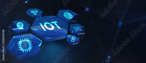 Internet of things - IOT concept. Businessman offer IOT products and solutions. The future of technology. Virtual screen of the future with the inscription: IOT. 3d illustration