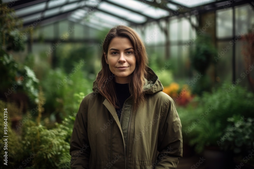 Portrait of a young female gardener standing in a greenhouse.