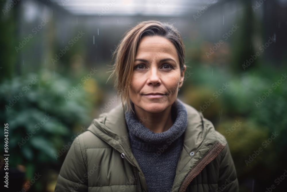 Portrait of a beautiful mature woman standing in a greenhouse in winter