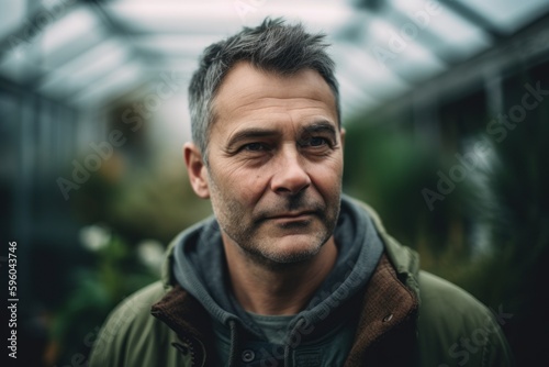 Portrait of a middle-aged man in a green glasshouse
