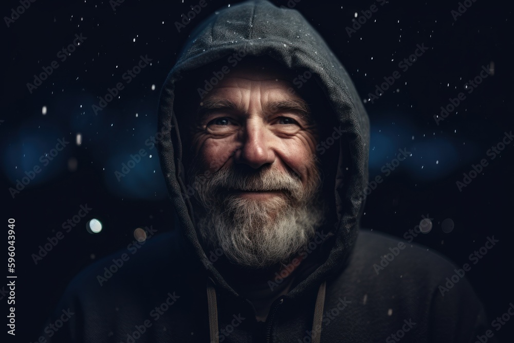 Portrait of a senior man with gray beard wearing a hoodie.