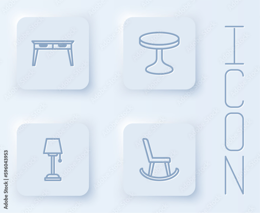 Set line Office desk, Round table, Floor lamp and Armchair. White square button. Vector