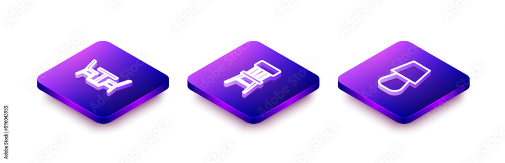 Set Isometric line Table with chair, Chair and lamp icon. Vector Set Isometric line Table with chair, Chair and lamp icon. Vector