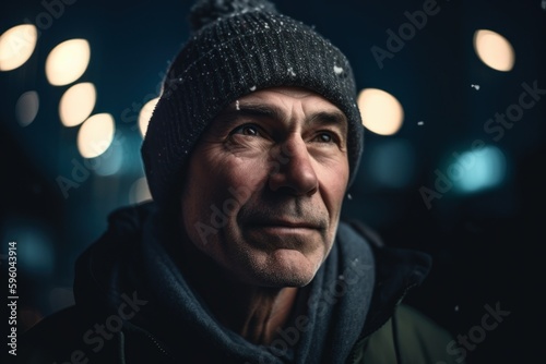 Portrait of a middle-aged man in the city at night