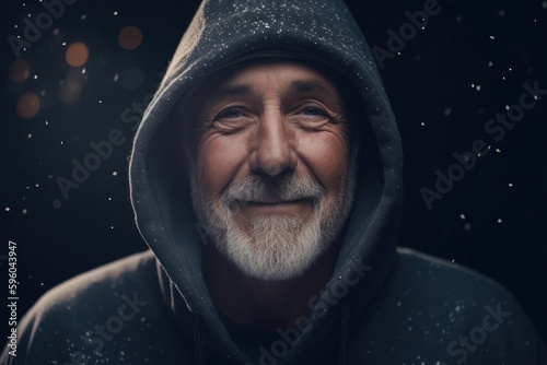 Portrait of an elderly man in a hood on a dark background