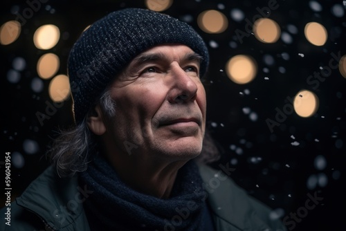 Portrait of a middle-aged man in a hat and jacket on a winter background.