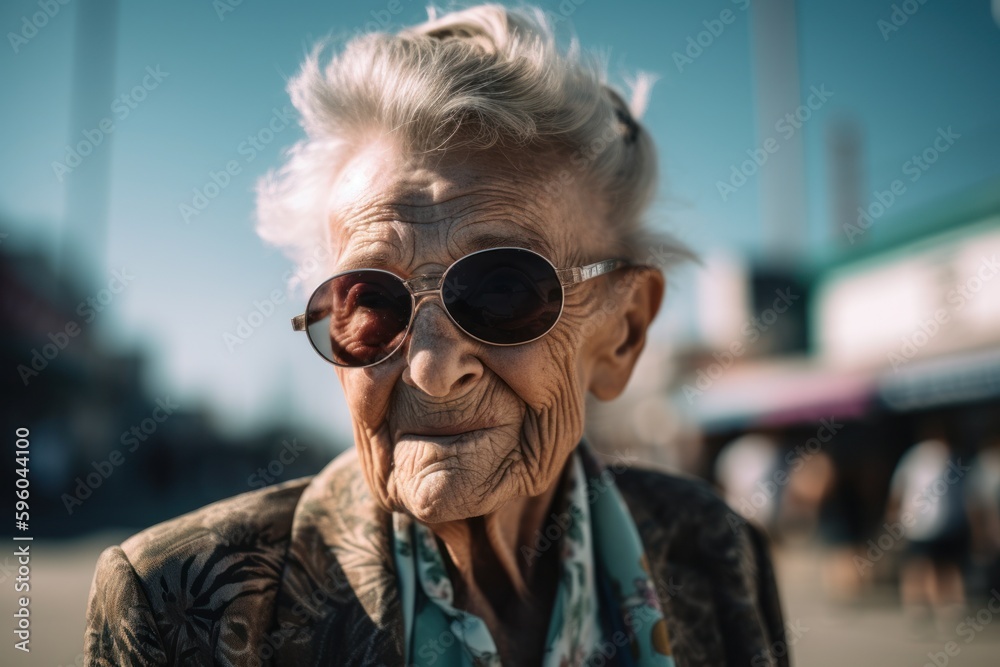 Portrait of an elderly woman with sunglasses in a city street. Portrait of an elderly woman with sunglasses in a city street.