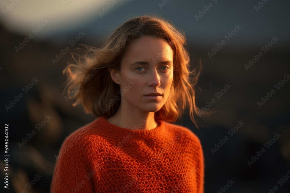 Portrait of a beautiful young woman in a red sweater at sunset Portrait of a beautiful young woman in a red sweater at sunset