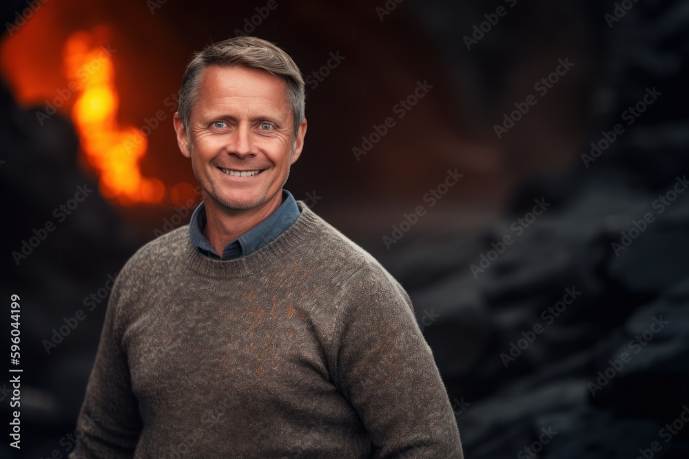 Environmental portrait photography of a grinning man in his 40s wearing a cozy sweater against a volcano or lava background. Generative AI