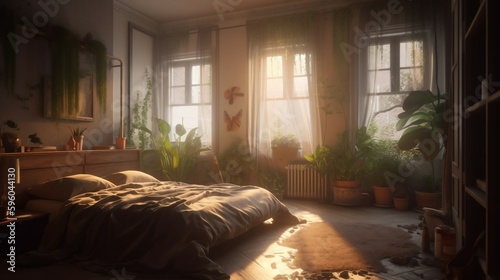Nurtured by Nature: Eco Bedroom Filled with Lush Plants. Ai generative