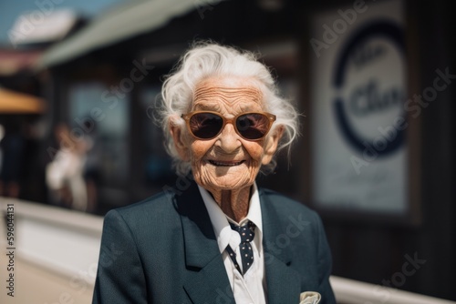 Portrait of happy senior man in sunglasses looking at camera in city