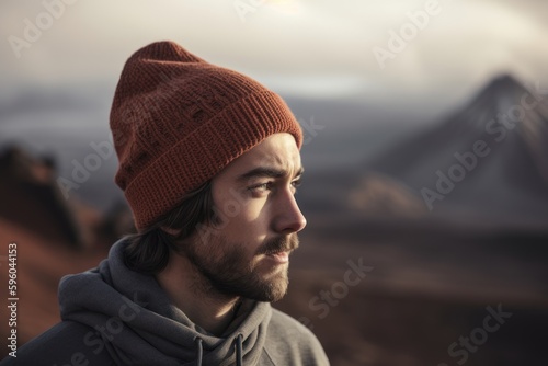 Photography in the style of pensive portraiture of a pleased man in his 30s wearing a warm beanie or knit hat against a volcano or lava background. Generative AI