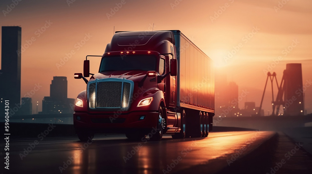 truck on the highway at he sunset. Ai generative truck on the highway at he sunset. Ai generative