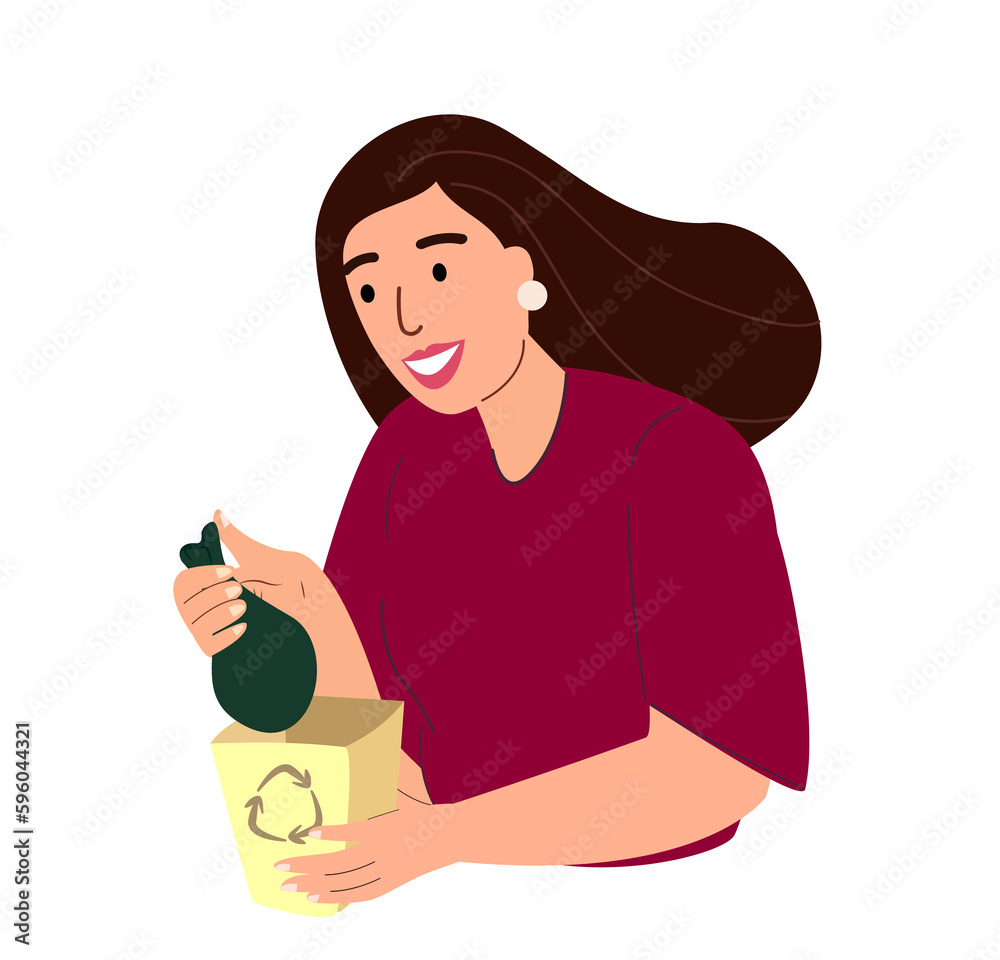 Woman throwing trash bag into yellow-colored container for Plastic bags rubbish,brik, metal packaging,wastes.Eco-friendly woman,garbage dumpster.Flat vector illustration isolated on white background Woman throwing trash bag into yellow-colored container for Plastic bags rubbish,brik, metal packaging,wastes.Eco-friendly woman,garbage dumpster.Flat vector illustration isolated on white background